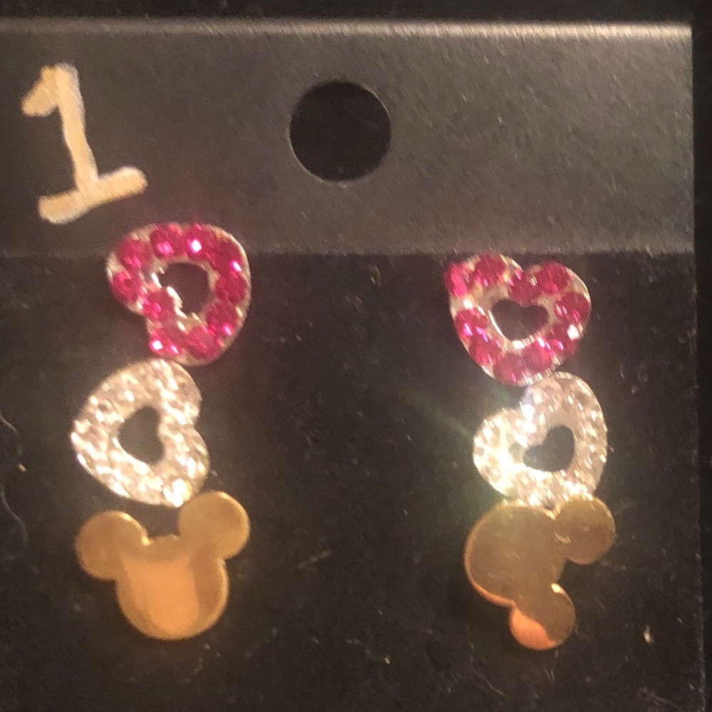 3 PAIRS Crystal Micky Mouse Pink Heart PINK Stud Earrings